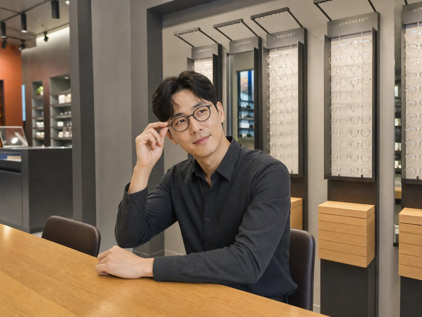 우드 상담 테이블에 앉아 안경을 써 보는 모습. 뒤로 린드버그 진열대가 보인다.