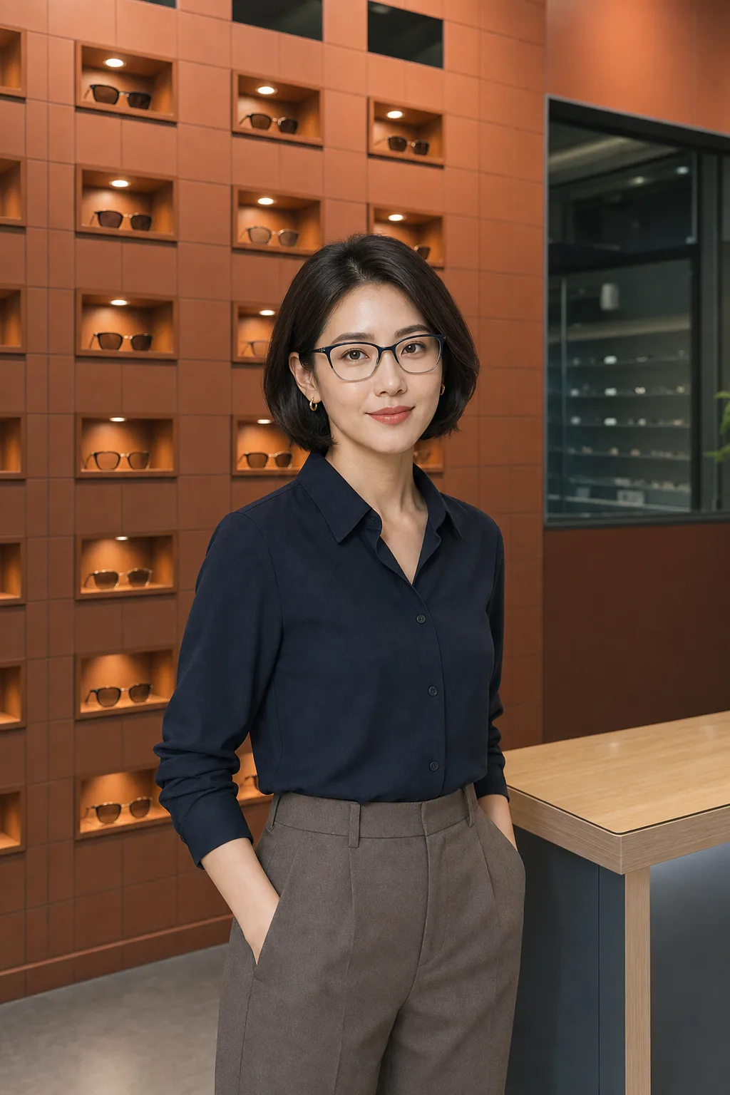 세컨페이스 세종시청점 메인 디스플레이 월. 테라코타 타일 격자마다 조명이 들어온 진열 니치에 안경이 한 점씩 놓여 있다.