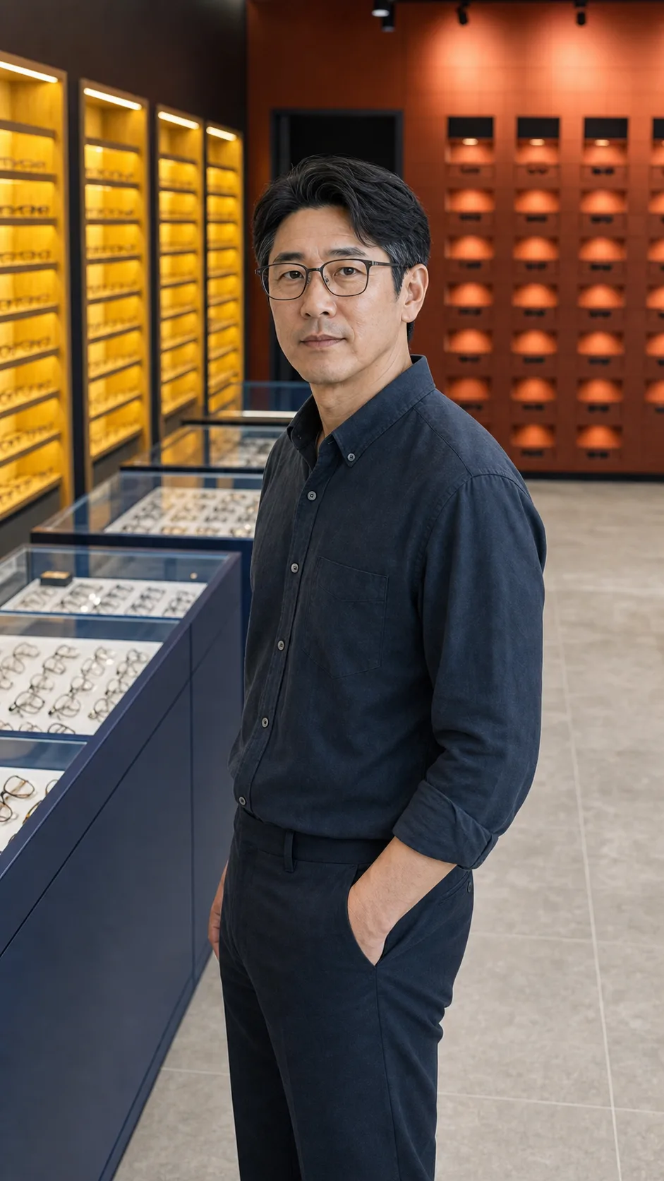 딥 블루 프레임의 유리 쇼케이스에 안경테가 평면으로 진열되어 있다.