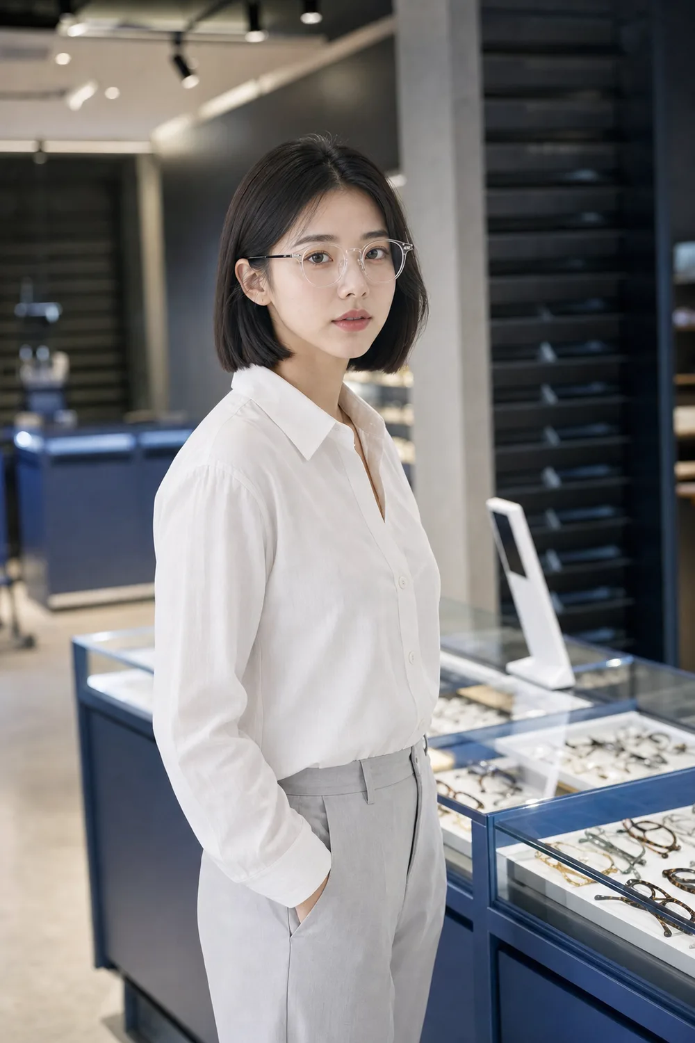 쇼케이스 앞에서 안경을 착용한 모습.