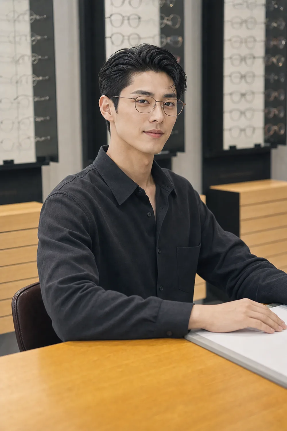 상담존에서 얇은 티타늄 안경을 착용한 모습.