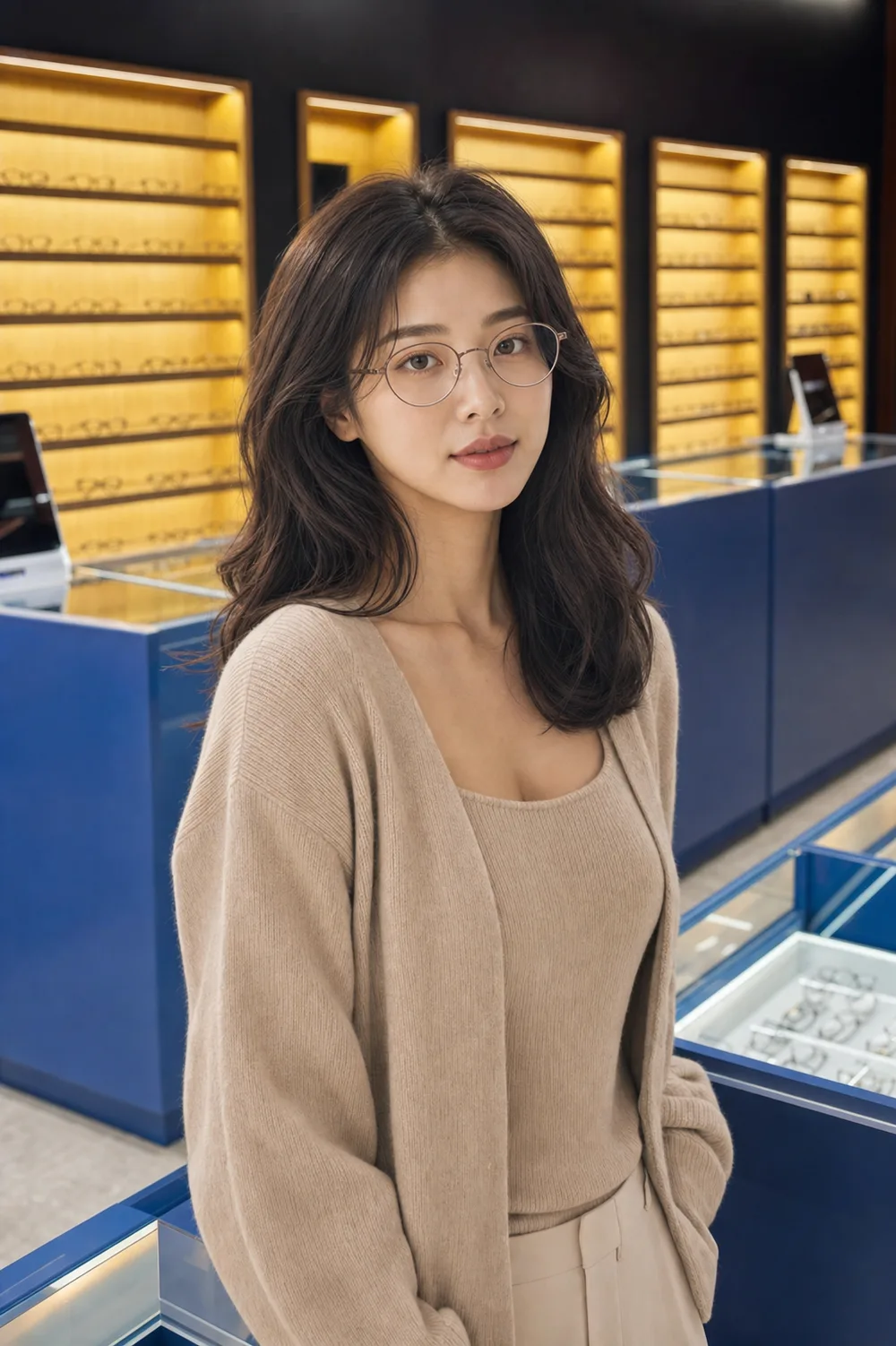 쇼케이스 앞에서 안경을 착용한 모습.